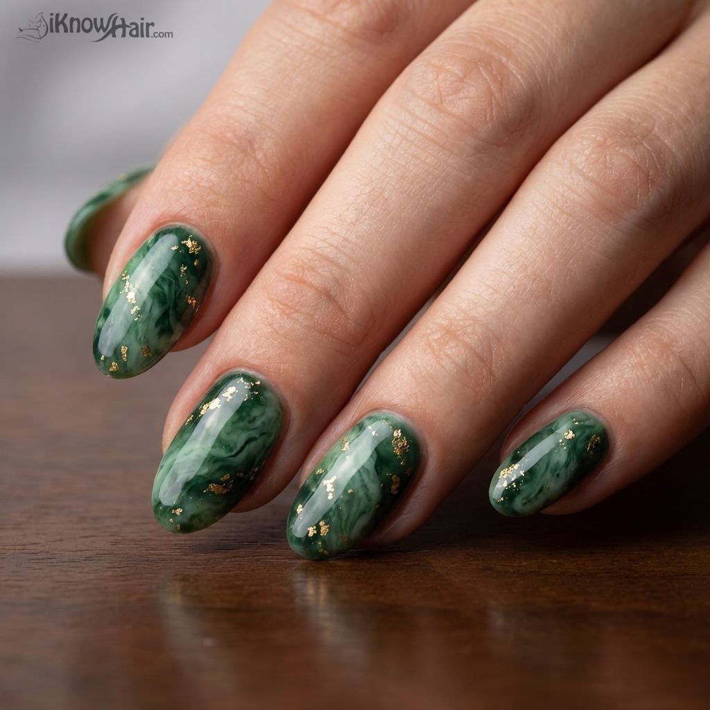 Jade marble nails with gold foil accents 2026