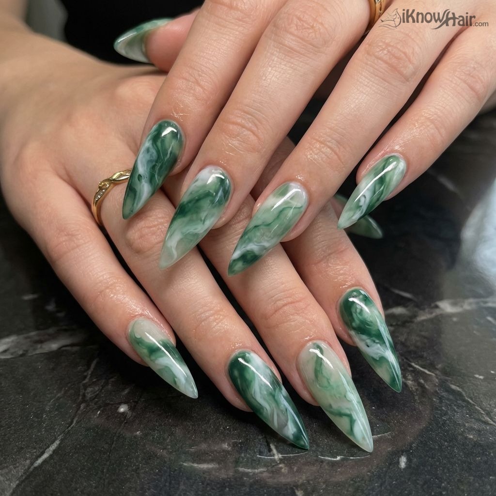 Dramatic jade marble stiletto nails 2026