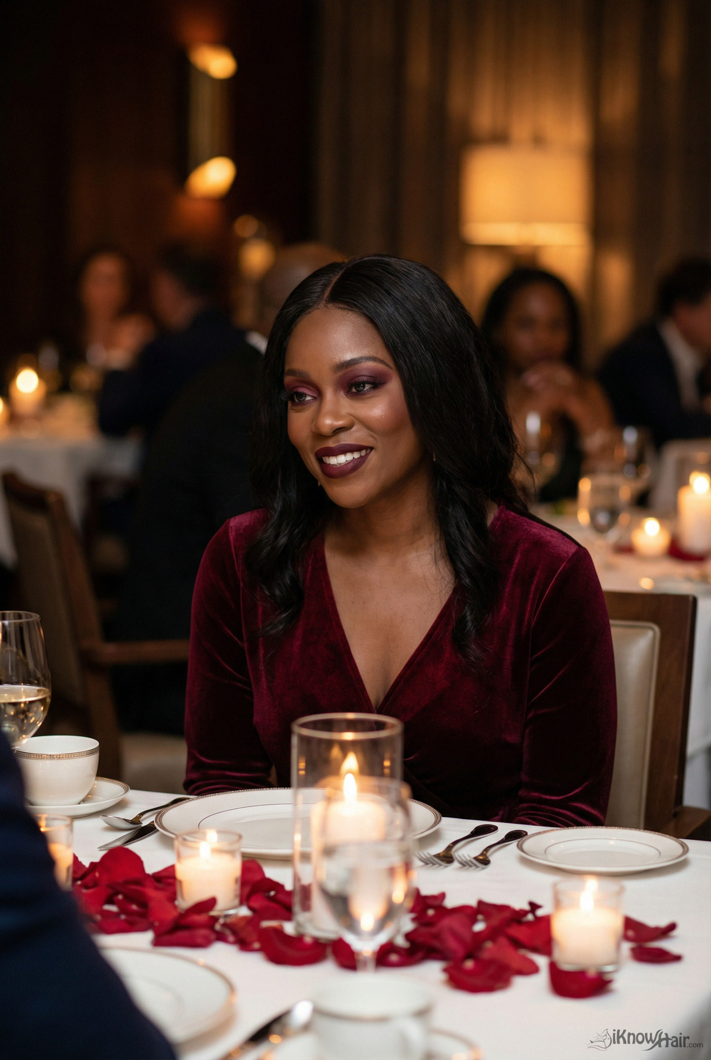 Black woman with burgundy makeup at Valentine dinner