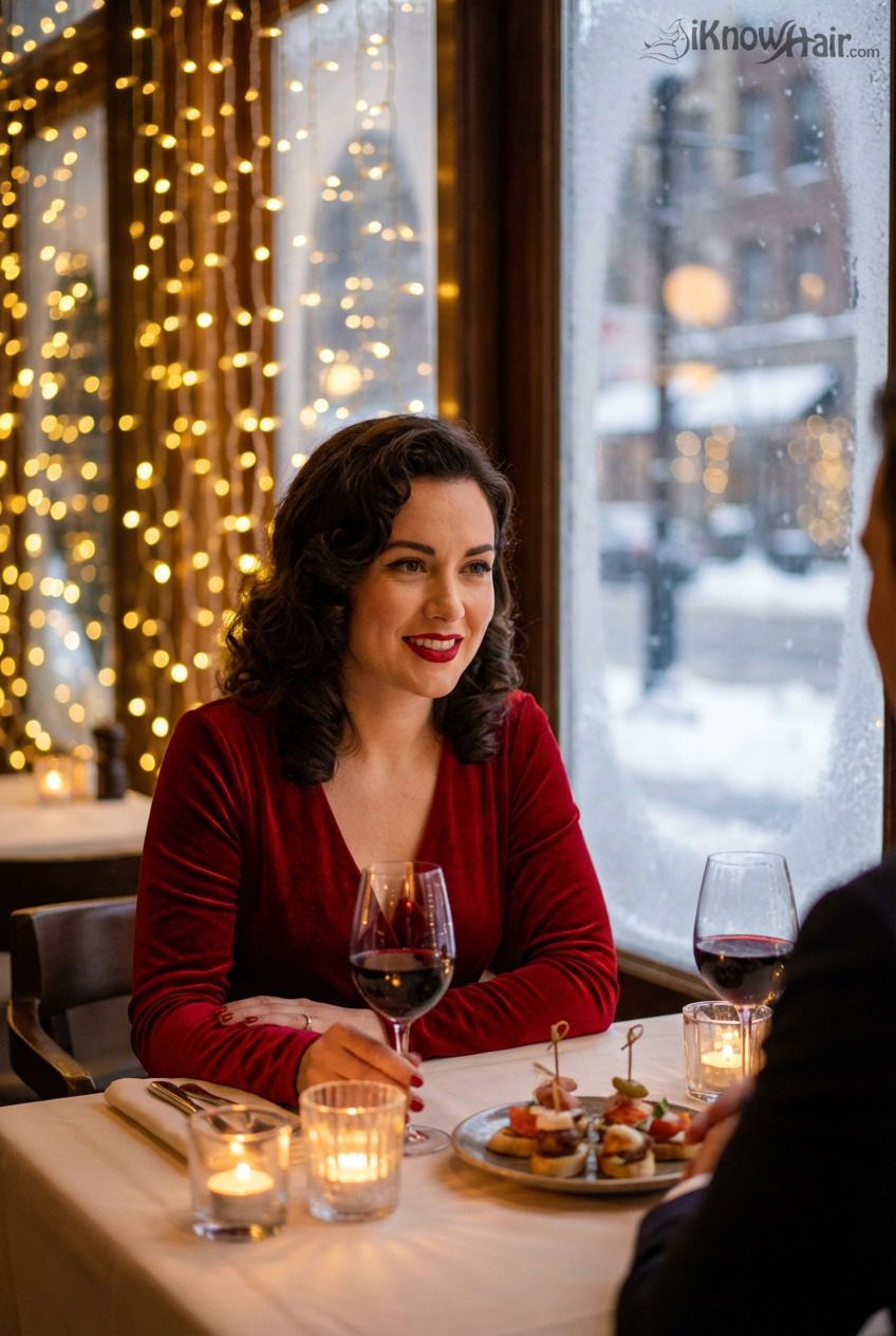 Woman with classic red lip makeup on Valentine's dinner date