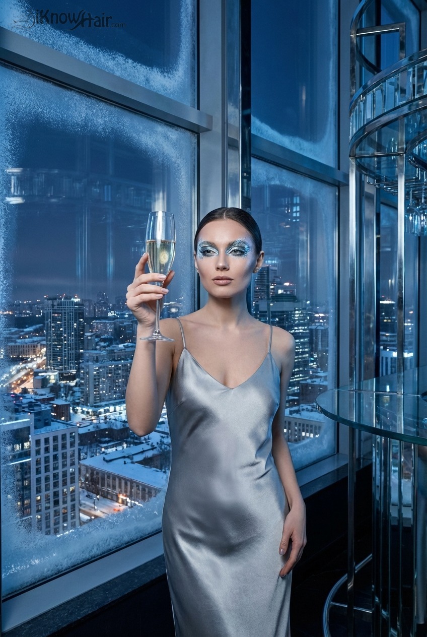 Woman with metallic eye makeup at rooftop bar