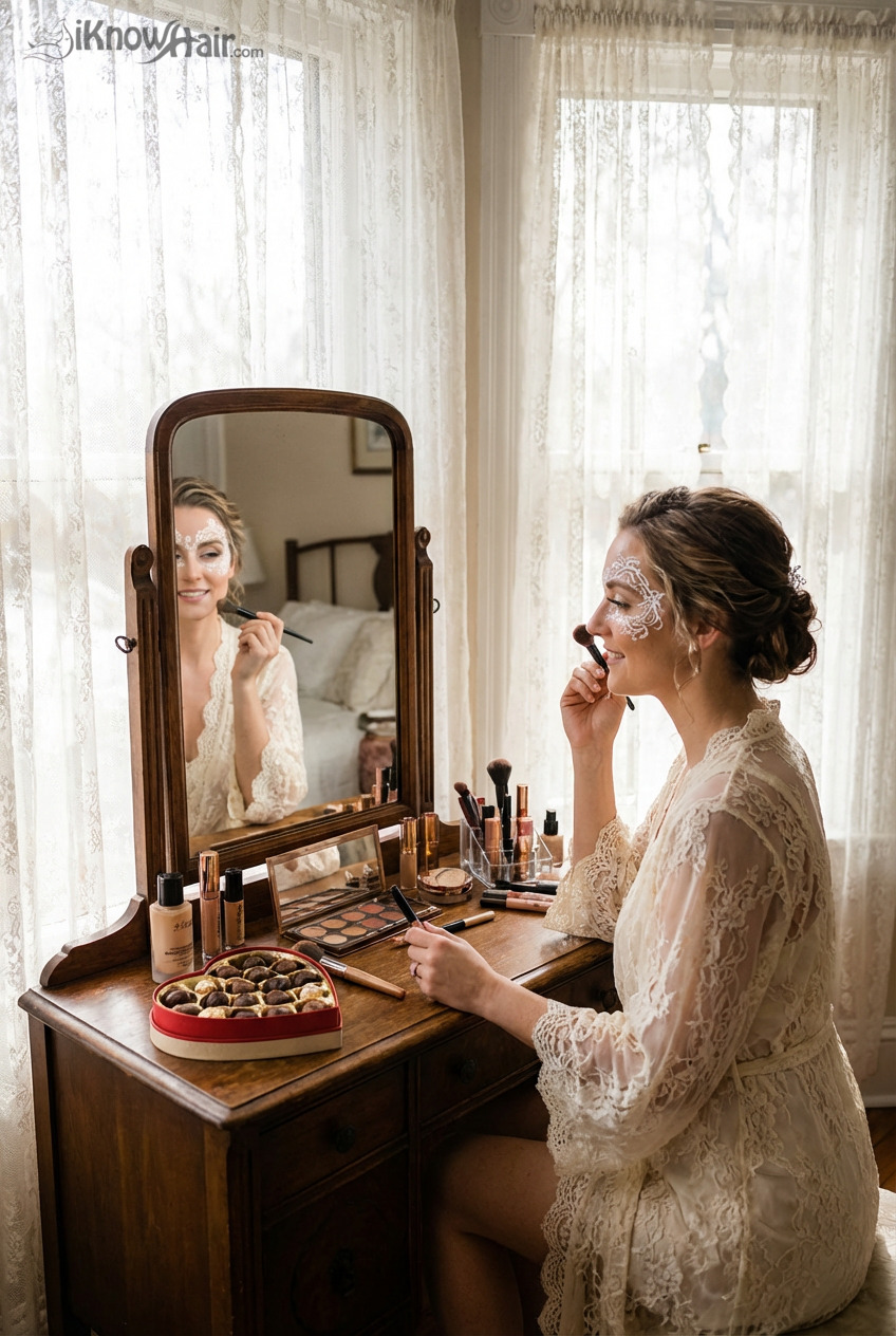 Woman with lace inspired makeup at vanity