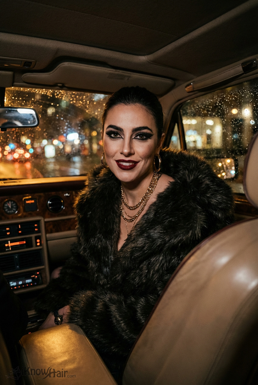 Glamorous woman with mob wife makeup on Valentine's night