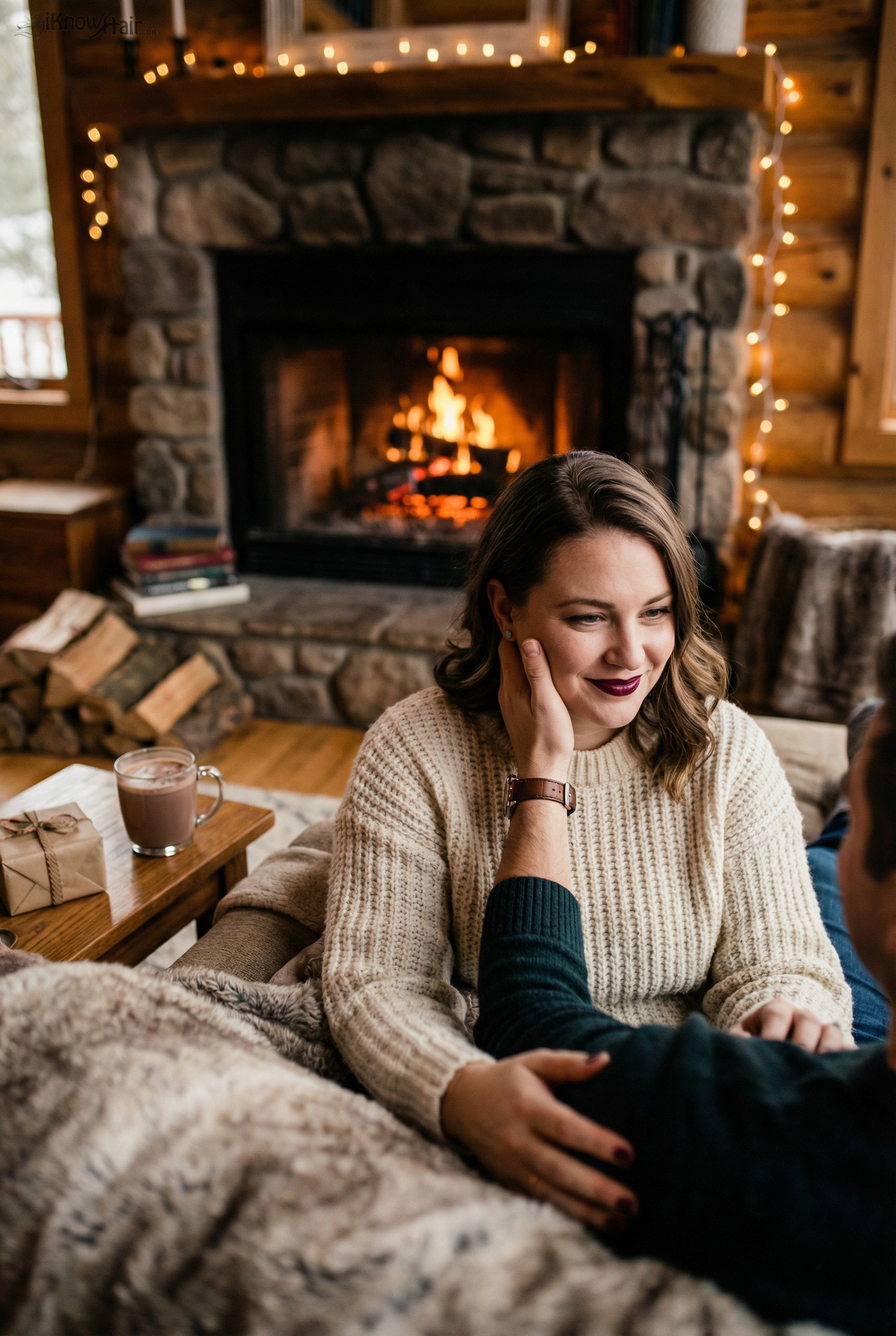 Woman with romantic makeout lips by fireplace