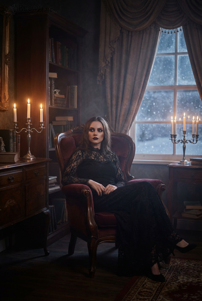 Woman with dark romantic makeup in gothic Valentine setting